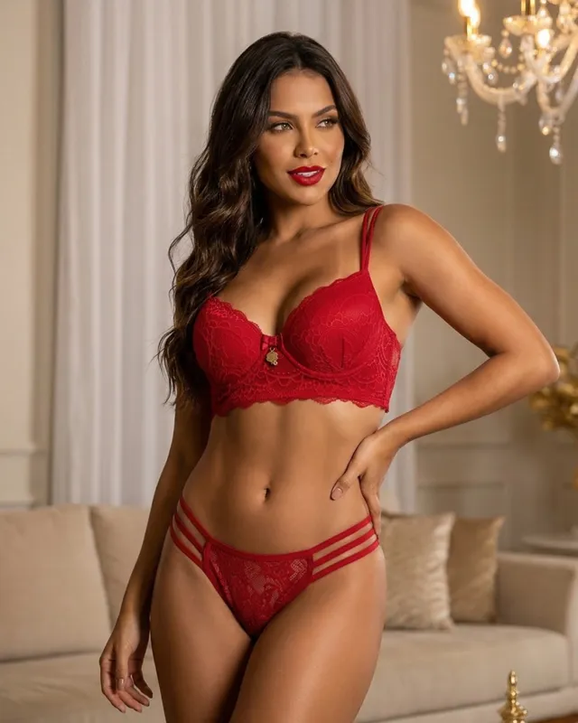 Conjunto de renda vermelho com tiras, vestido por modelo